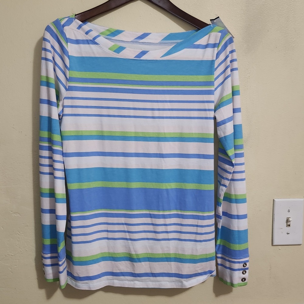 Lilly Pulitzer Aleah Striped Top Boat Neck‎ Stretch Knit Blue Green White Large
